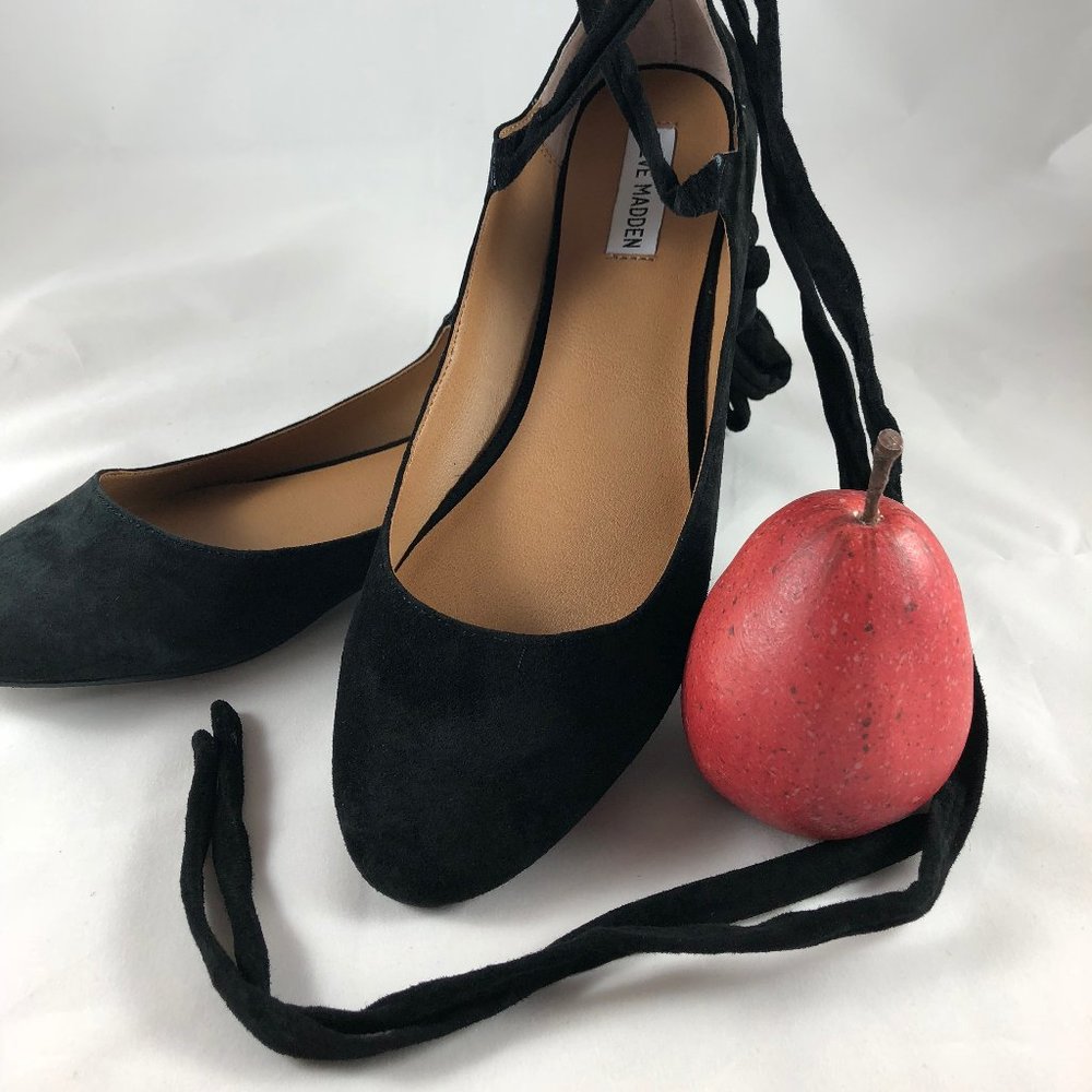 Black suede flats with ballet ankle strap, 11M, never worn